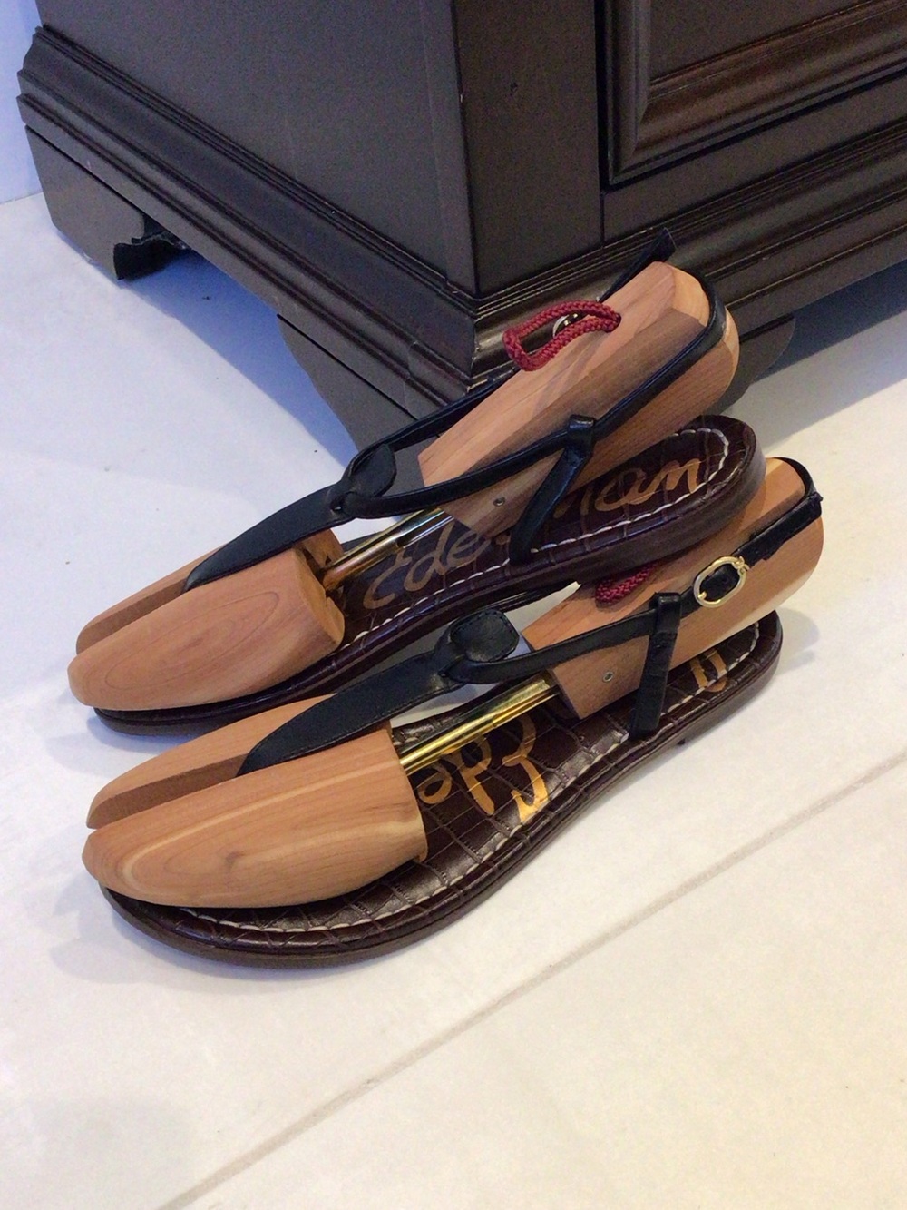 Sam Edelman Black T-Strap Sandals with Gold Buckle